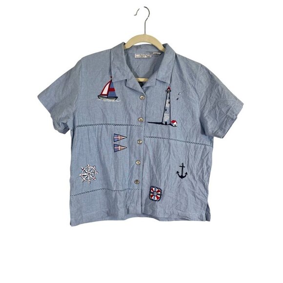 Vintage Coastal Sailboat Top PM Blue Tank Retro Classic Euro Summer Preppy 80s - Picture 1 of 16